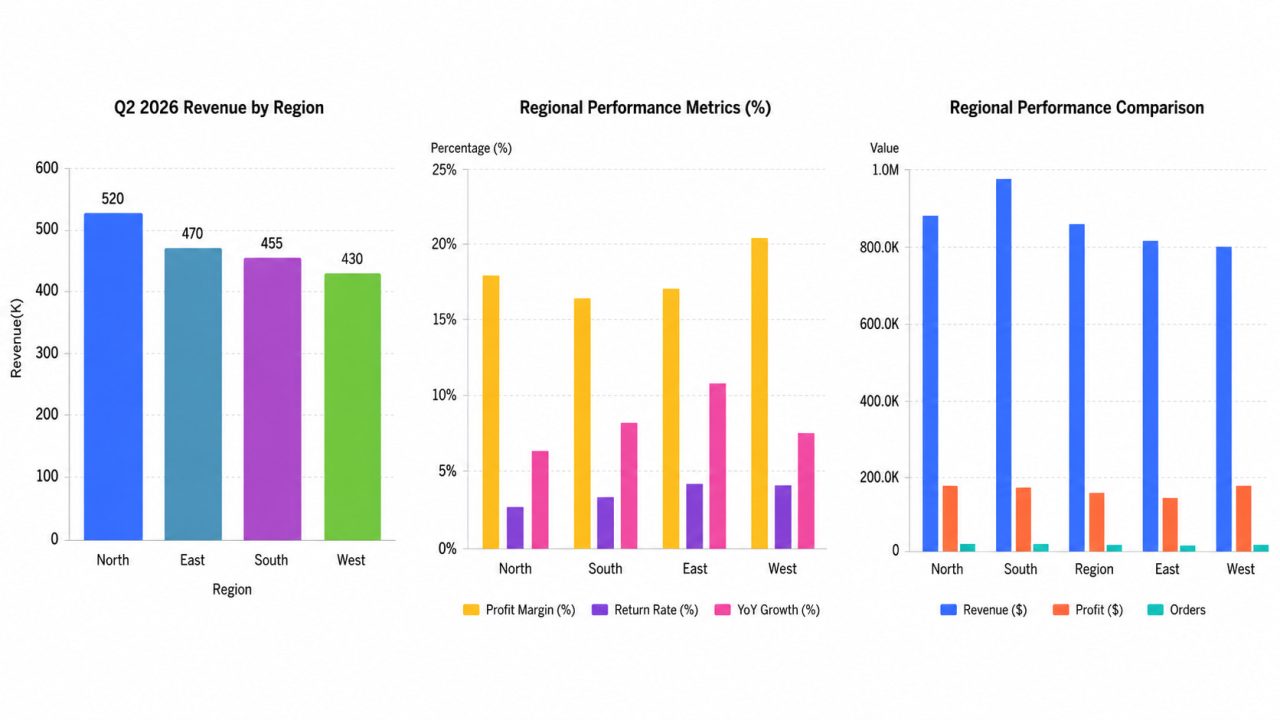 ChartGen regional performance comparison across revenue profitability growth and return rate