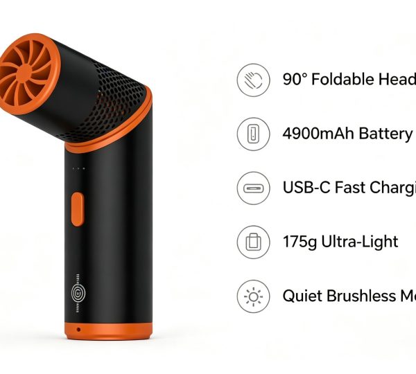 Foldable handheld fan with 90° adjustable head, 4900mAh battery, USB-C fast charging, 175g ultra-light body, quiet brushless motor