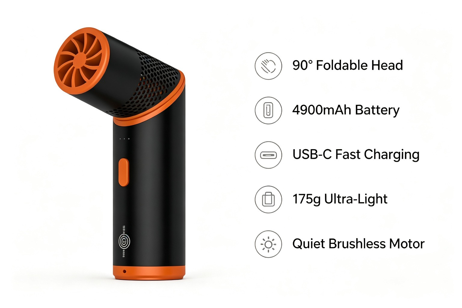 Foldable handheld fan with 90° adjustable head, 4900mAh battery, USB-C fast charging, 175g ultra-light body, quiet brushless motor