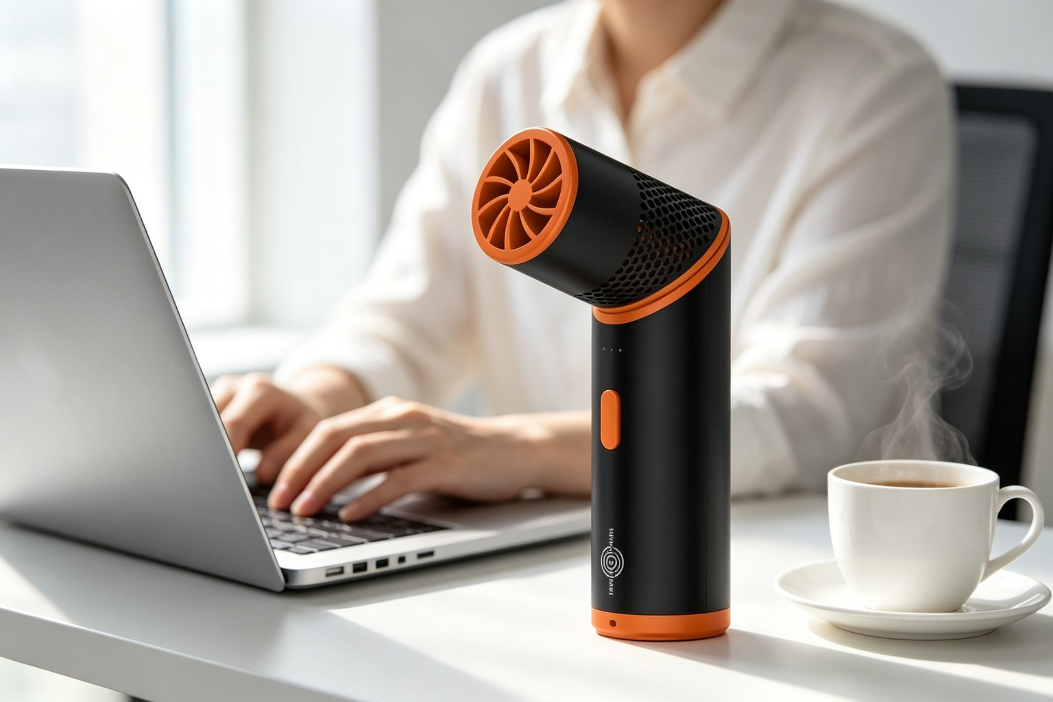 Rechargeable personal fan standing on office desk next to laptop and coffee cup