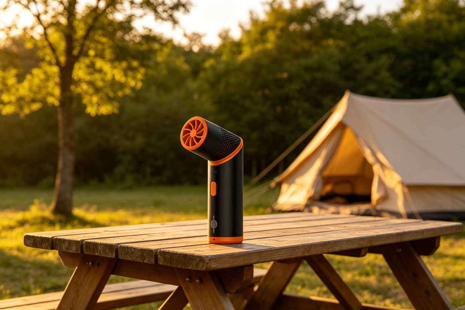 Quiet travel fan placed on wooden picnic table at campsite with tent in background